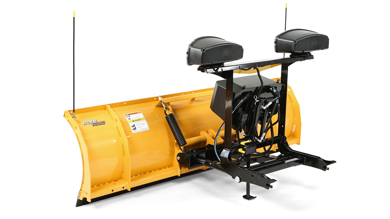 A yellow snow plow blade with a black mounting frame and two black housings on top, designed for attachment to a vehicle for snow removal.