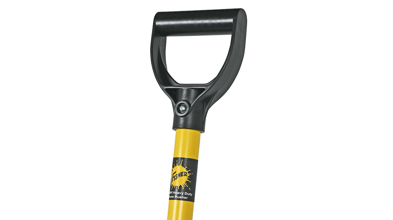 Close-up of a yellow shovel handle with a black D-shaped plastic grip against a white background.