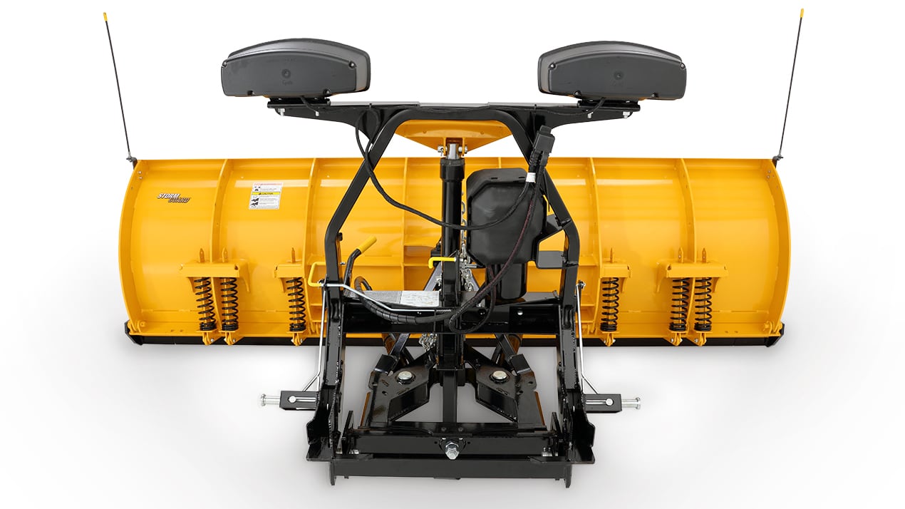 A large yellow snow plow blade with attached mounting hardware and black support frame, viewed from the front against a white background.