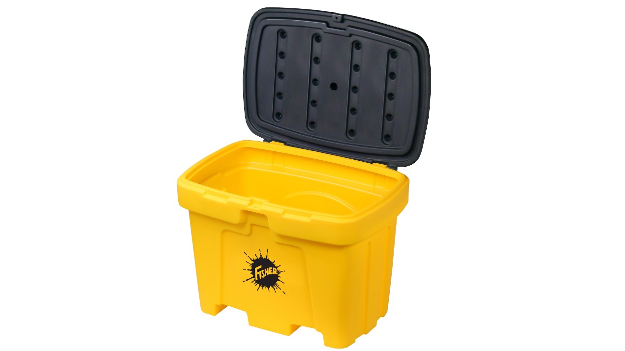 A large yellow plastic storage bin with a black hinged lid that is open. The bin has the word FLOOR in a stylized black splash graphic on the front. The interior is empty.
