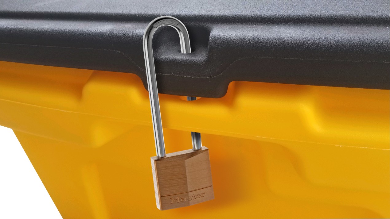 A yellow bin with a black lid is secured with a padlock, which is fastened through the handle area to keep the lid closed.