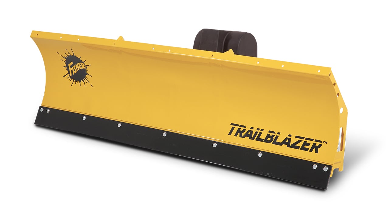 A yellow snow plow blade with TRAILBLAZER and a splash logo reading IMPACT printed on it, featuring a black rubber edge and a metal mounting bracket at the back.