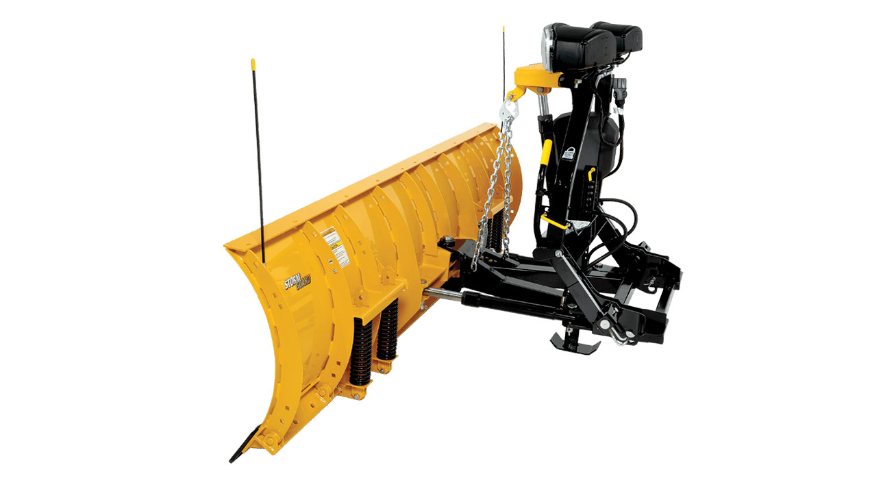A yellow snow plow with black mounting hardware and chains, designed for attachment to the front of a vehicle, shown on a white background.