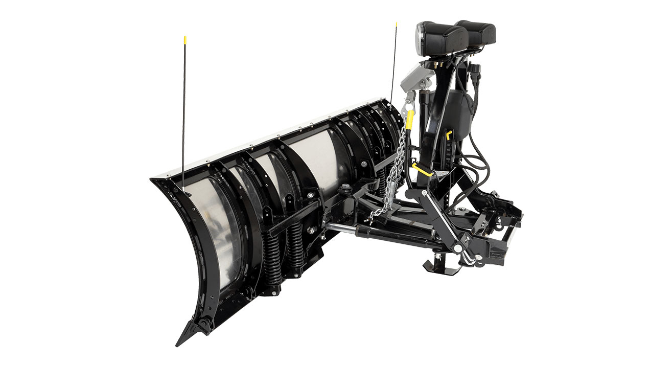 A black and silver curved snow plow blade with mounting hardware and two spring mechanisms, designed for attachment to the front of a vehicle.