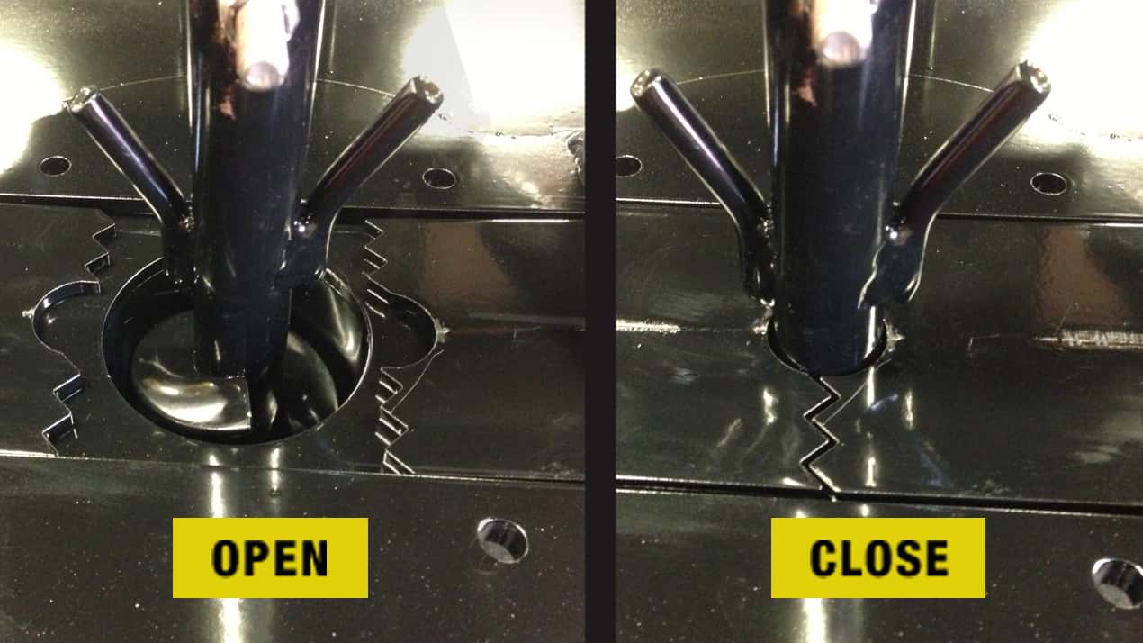 Two photos side by side show a metal lever in different positions. The left image, labeled OPEN, shows the lever turned left; the right image, labeled CLOSE, shows the lever turned right.