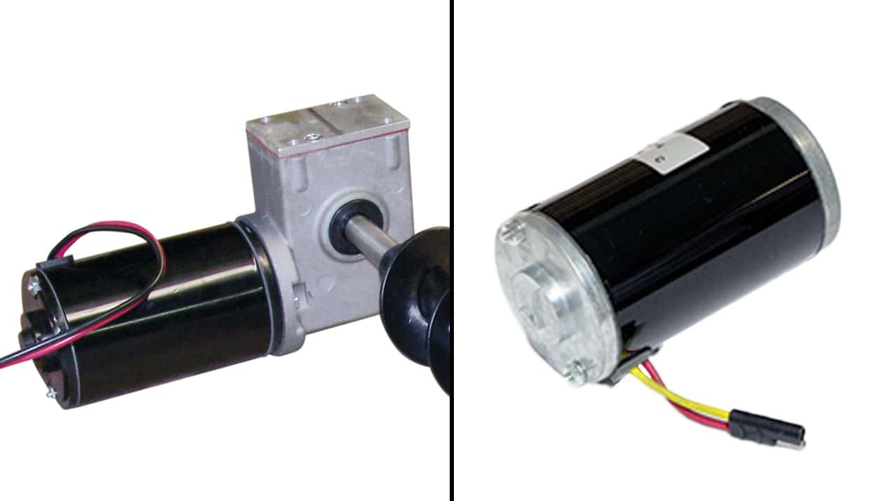 Side-by-side view of two electric motors: the left motor is attached to a gearbox with wires connected, while the right motor is standalone with visible wiring and a black cylindrical body.