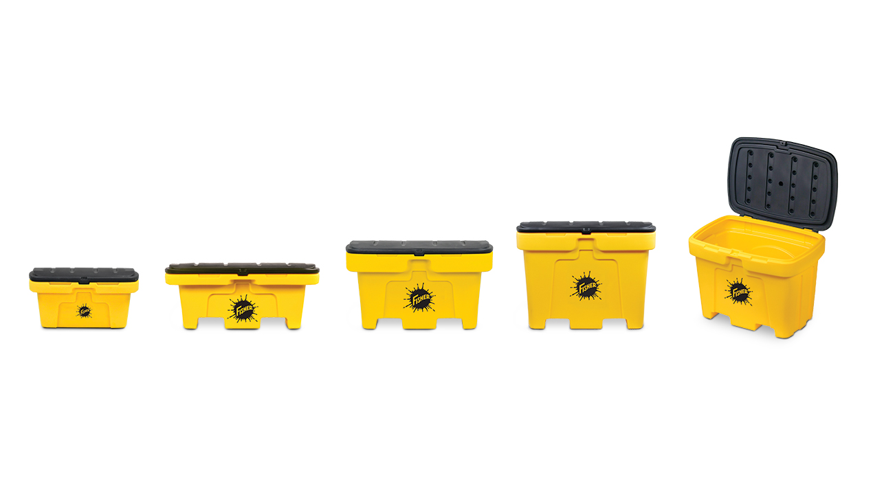 Five yellow plastic storage bins of increasing size are shown in a row; each has a black lid, and the last bin’s lid is open, revealing the inside. All bins have a black sunburst logo on the front.