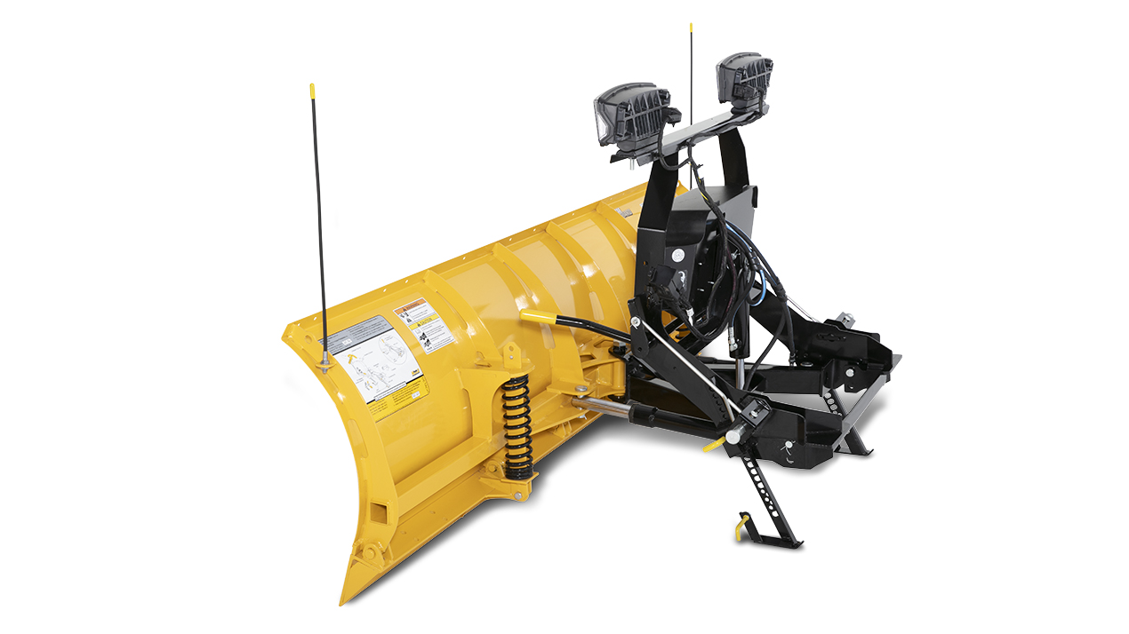 A yellow snow plow attachment with black mounting frame, dual headlights, and spring mechanisms, designed for front installation on a vehicle.