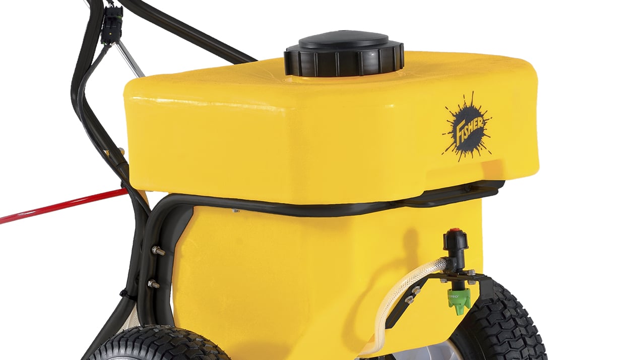 A close-up of a yellow wheeled garden sprayer with a black handle and a large screw cap on top. The unit features two large tires and a nozzle for spraying liquid.