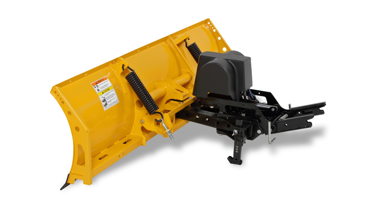 A yellow snow plow blade with attached black mounting hardware and springs, designed for attachment to a vehicle or equipment for snow removal.