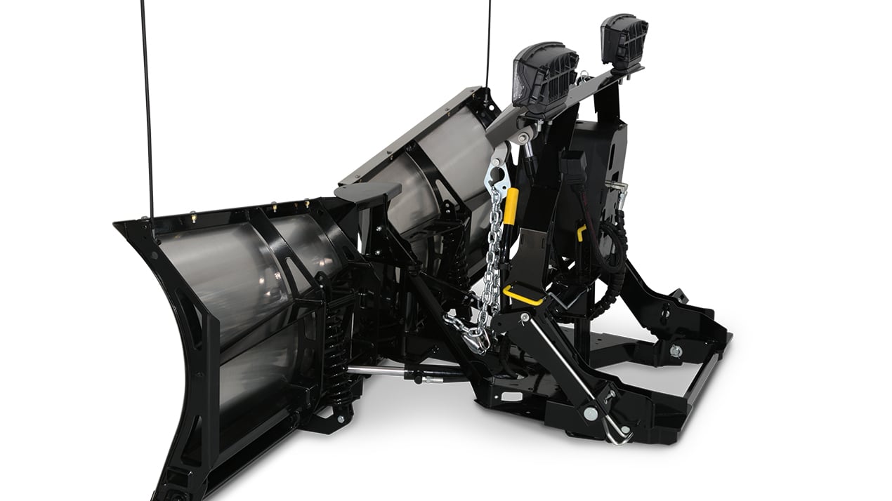 A heavy-duty black snow plow attachment with adjustable blades and hydraulic components, designed for mounting on vehicles for clearing snow.