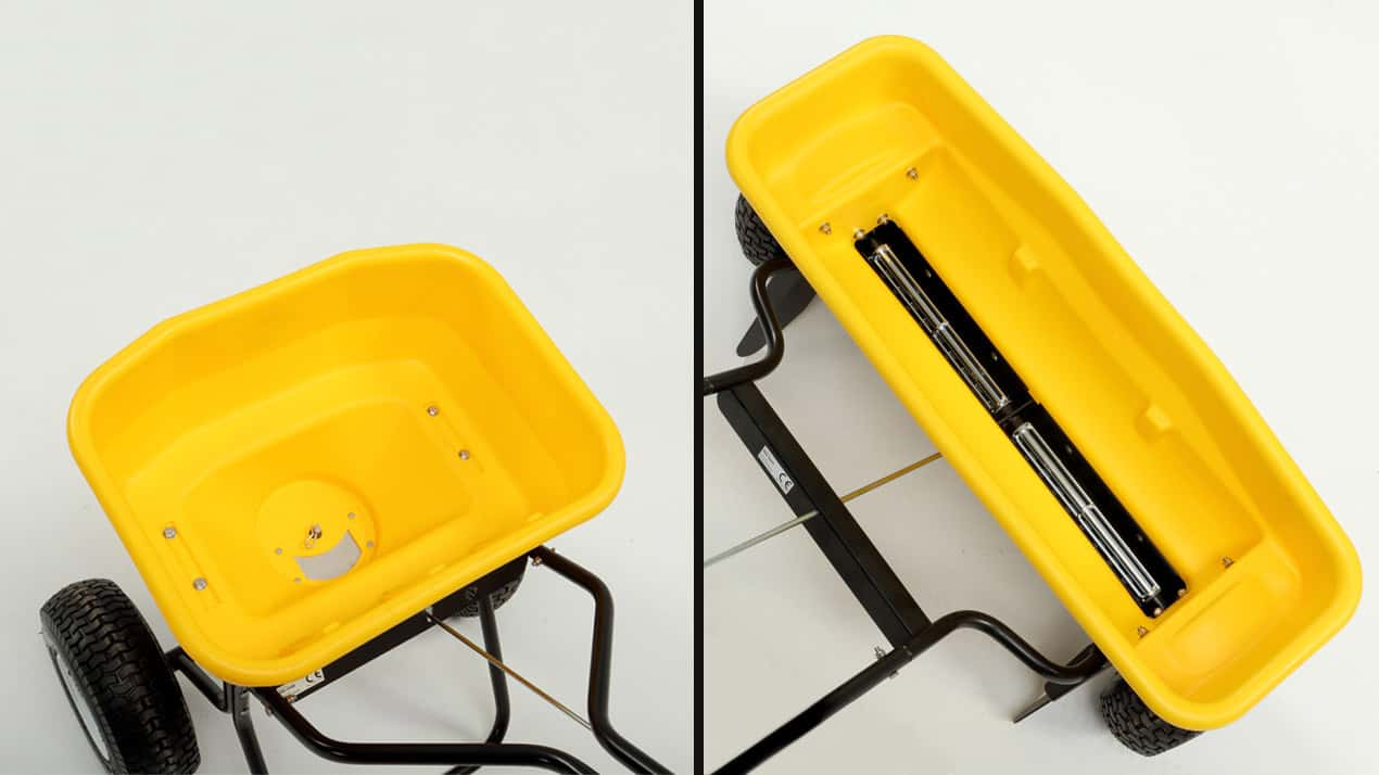 Side-by-side photos of a yellow plastic garden cart: the left image shows the cart from above with an empty tub, and the right image shows the cart flipped over, revealing its black frame and underside.