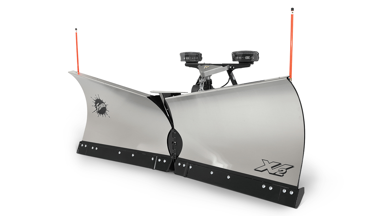 A stainless steel snow plow blade with two adjustable wings, black mounting hardware, orange guide markers on each end, and X2 branding on the right blade.