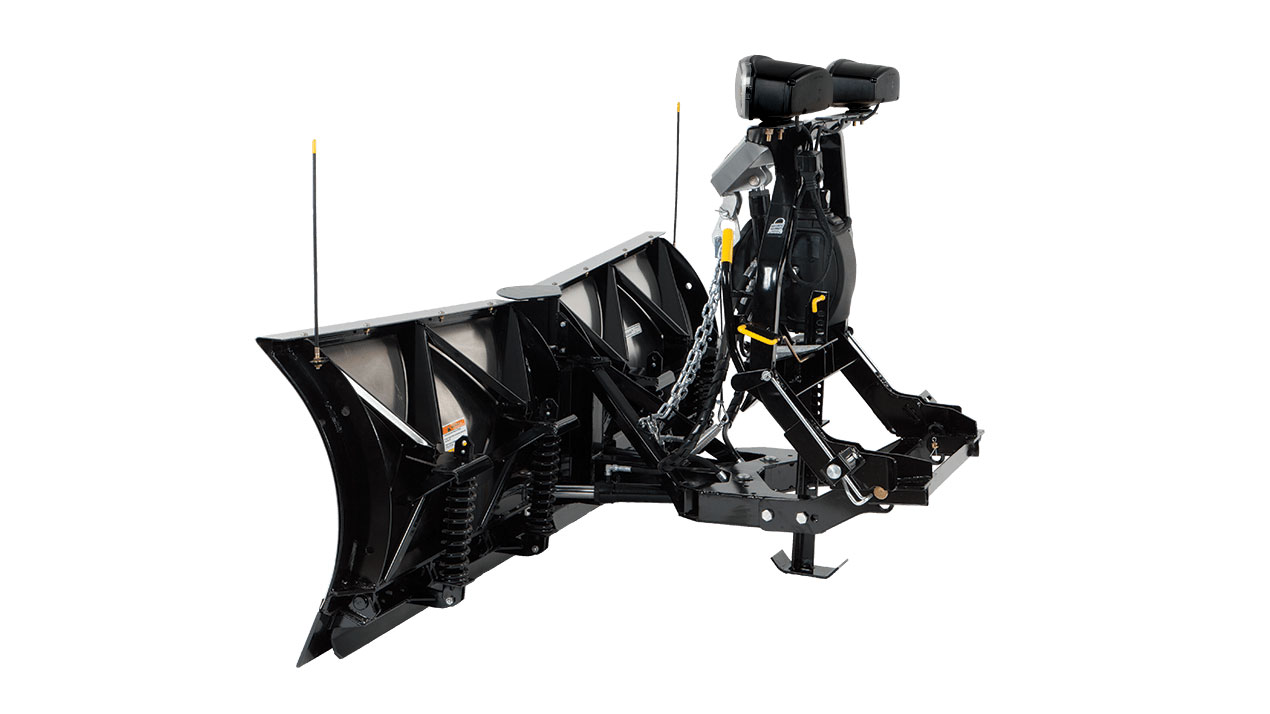 A black, heavy-duty snow plow attachment with angled blades, metal springs, and chains designed for mounting on the front of a vehicle, viewed on a white background.