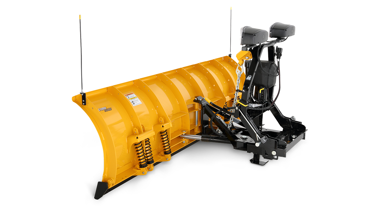 A large, bright yellow snow plow attachment with black mounting hardware and two tall marker rods, designed for the front of a vehicle to clear snow.