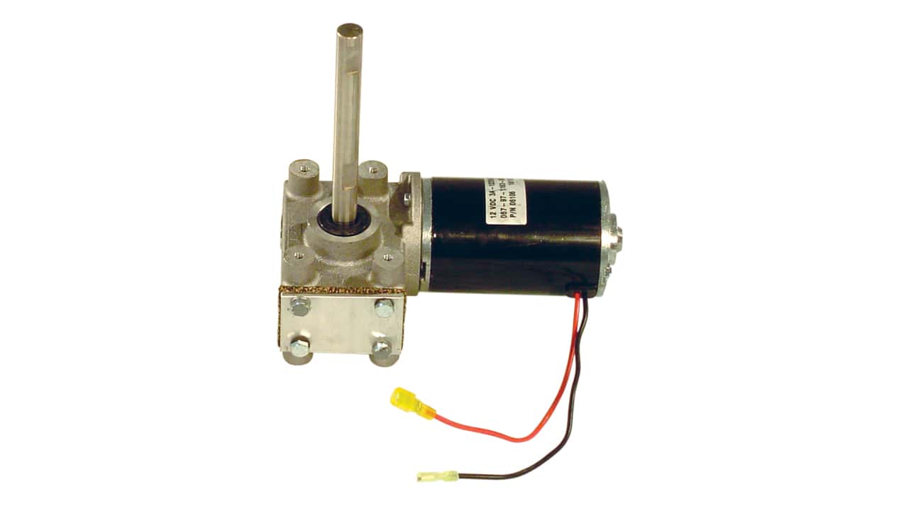 A small electric gear motor with a metal shaft, black cylindrical body, mounting plate, and two attached wires with yellow connectors, shown on a white background.