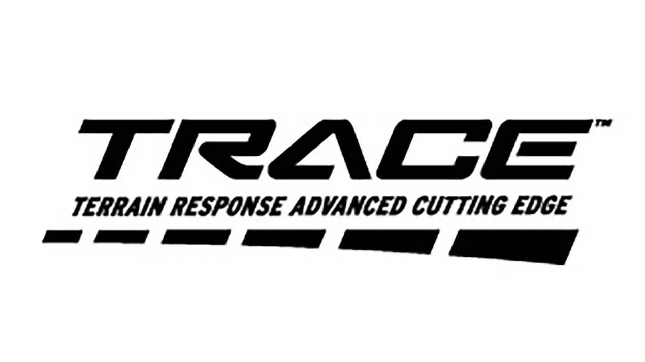 Bold black text logo reading TRACE with stylized lettering and diagonal lines below. Smaller text underneath reads Terrain Response Advanced Cutting Edge. White background.
