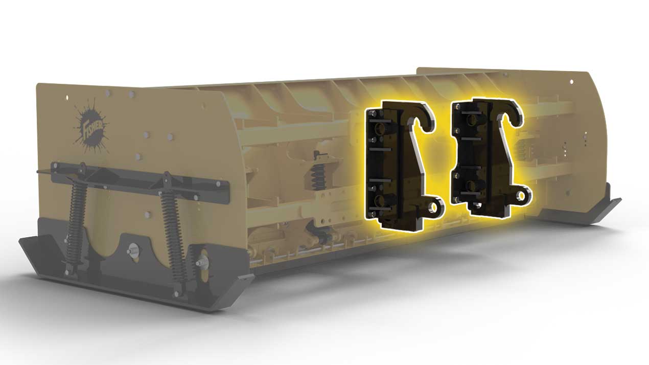 A yellow snow plow attachment with highlighted black mounting brackets at the center, showing details of the fastening mechanism. The image has a semi-transparent effect to reveal internal components.