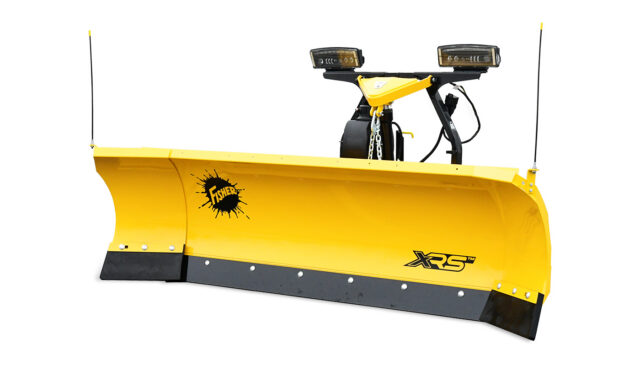 A yellow snow plow attachment with black accents, headlights, and XRS and Fisher logos, designed for mounting on the front of a vehicle.