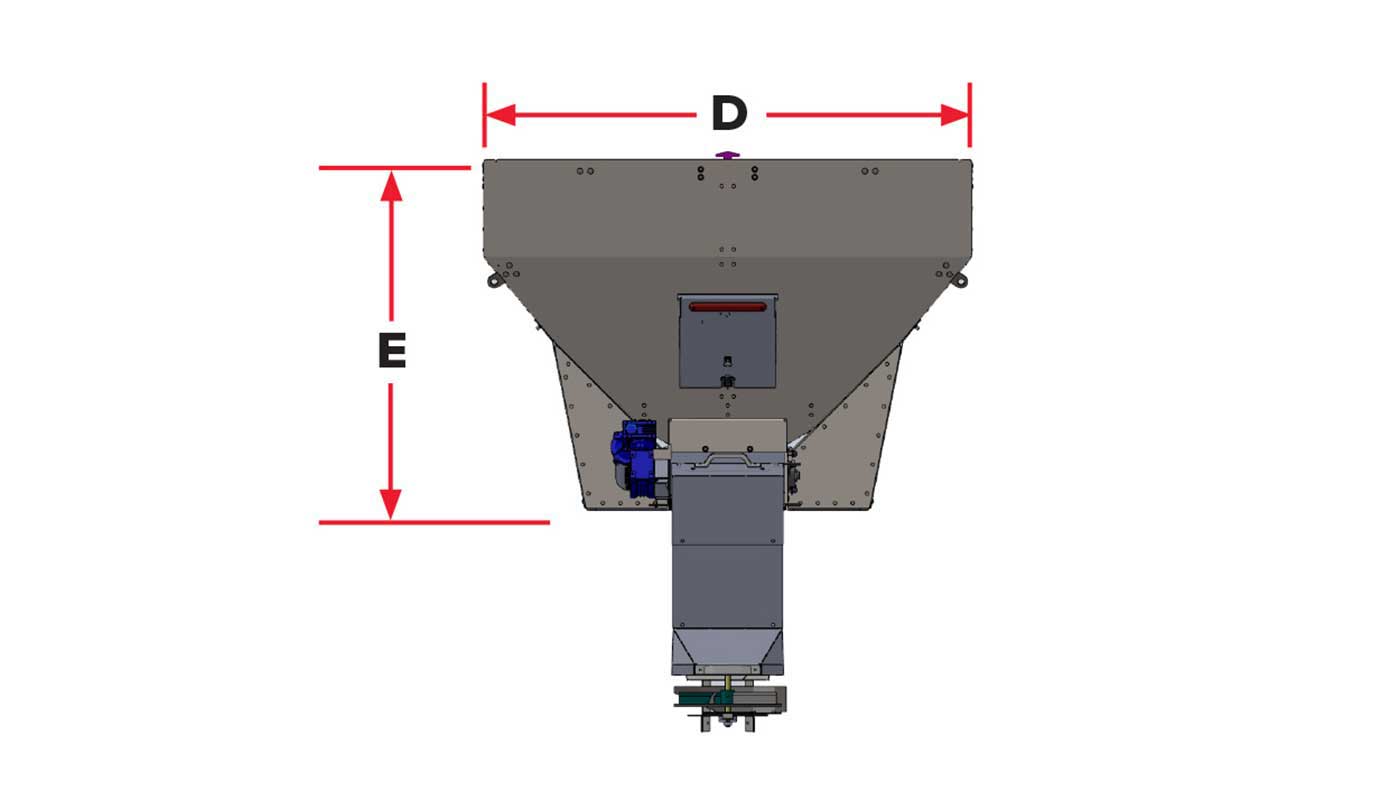 Front view of an industrial machine component with two red double-headed arrows labeled D (width) and E (height), showing the dimensions of the upper gray section. Various bolts and blue motor parts are visible.