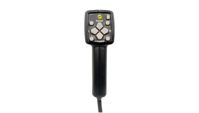 A black handheld remote control with multiple white buttons, labeled “RAISE” and “LOWER,” and directional arrows. It has a cord extending from the bottom and a sun logo near the top.
