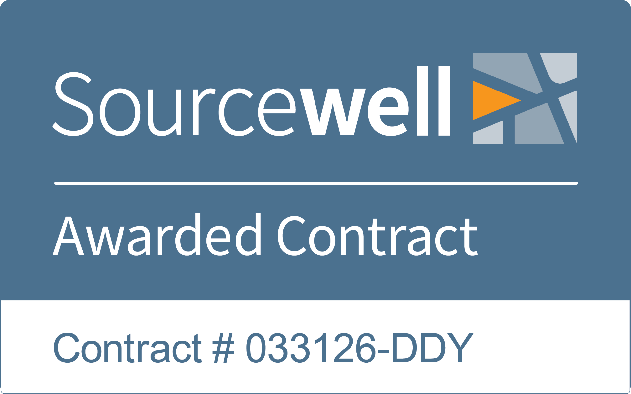 Sourcewell Awarded Contract badge with contract number 033126-DDY displayed below a logo featuring stylized triangles in blue, gray, and orange.