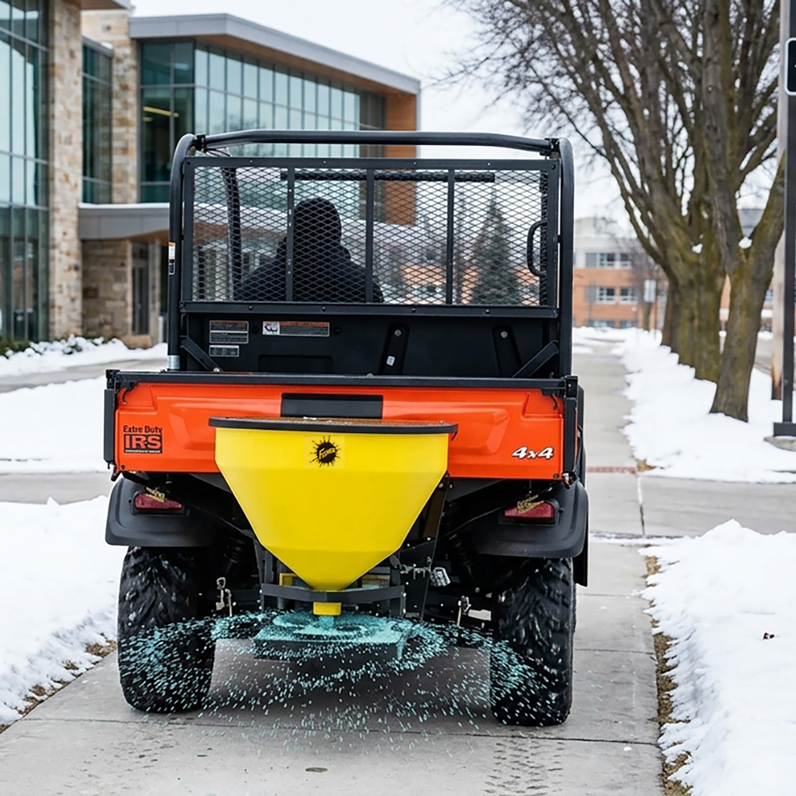 QUICK CASTER on back of UTV on snowing sidewalk